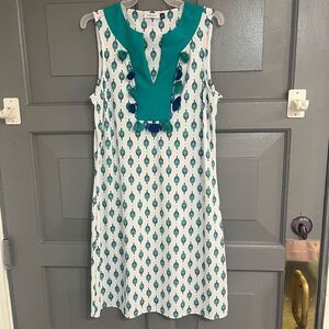 Cabana Life Sleeveless Tassel Detail‎ White & Green Print VNeck Dress Sz M